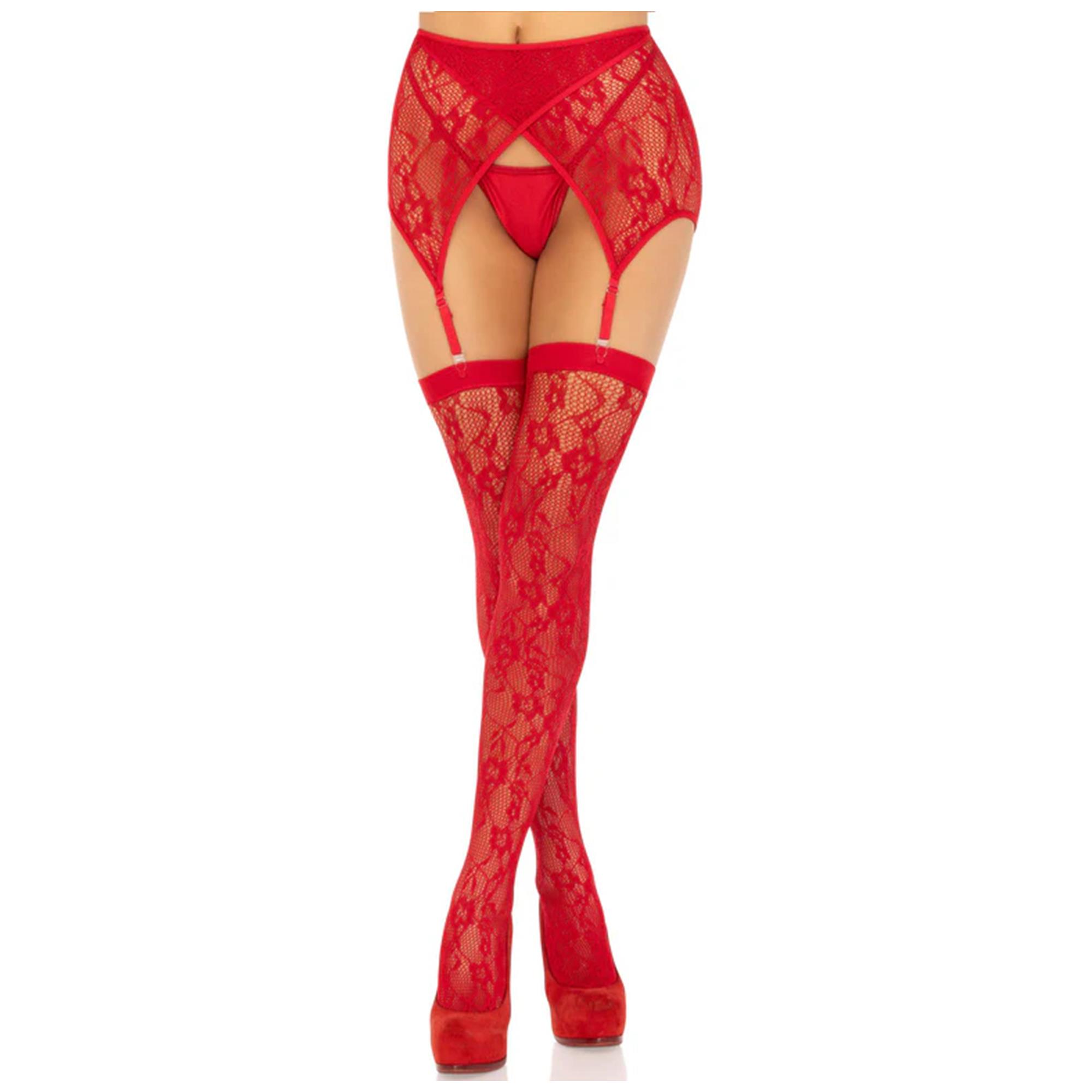 Lace Thigh Tighs And Garterbelt Red fra Leg Avenue