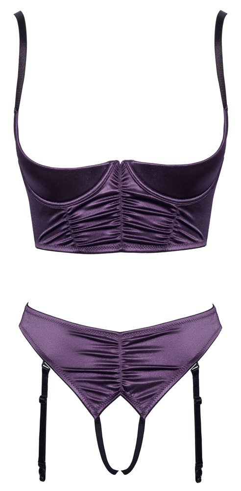 åben Bh Plus Trusse Med Seler Af Stretch Satin I ædel Lilla Med Sorte Detaljer fra Cottelli Lingerie