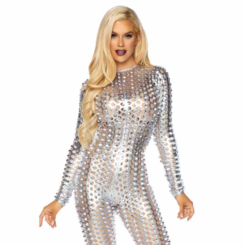 Laser Cut Metallic Catsuit M fra Leg Avenue