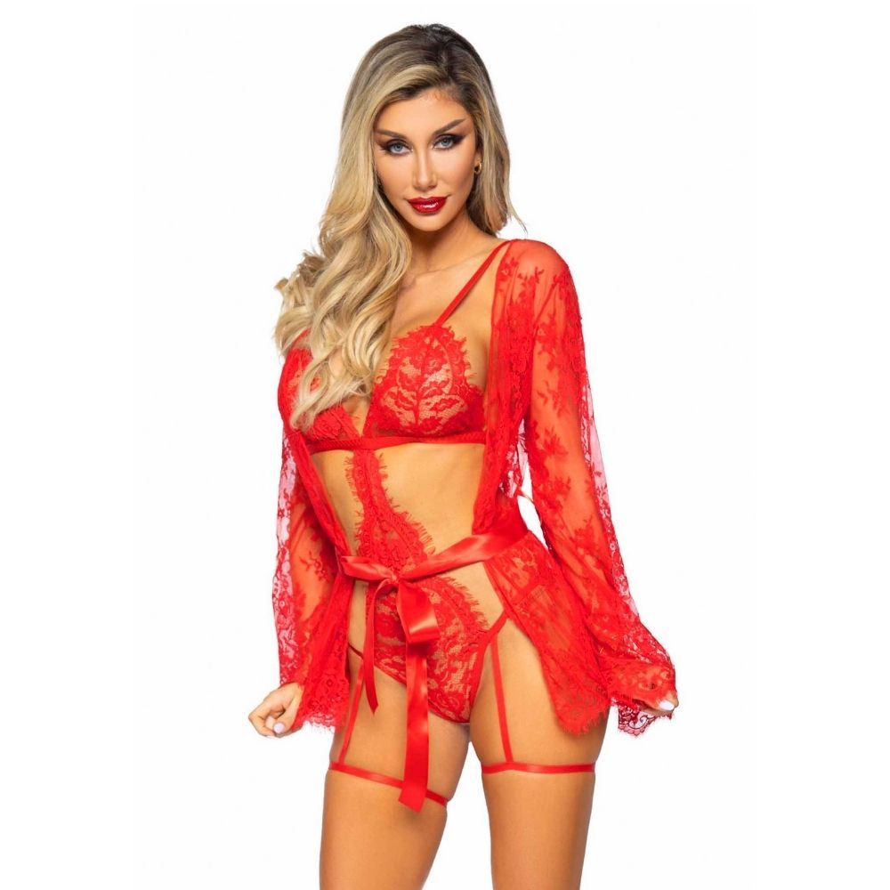 Blonde Bodystocking Med Kimono Rød L fra Leg Avenue