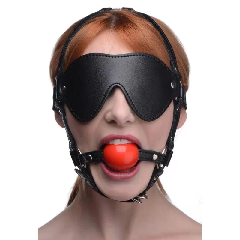 Kinky Adjustable Harness With Blindfold And Red Ball Gag fra Strict