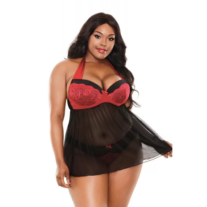 Plus Pige Sophia Halter Neck Teddy Black Red fra Made By Lei
